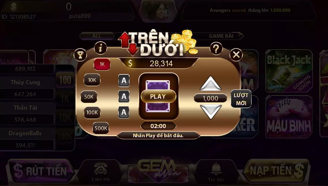 Hình thức chơi game trên dưới Gemwin tương đối phổ biến