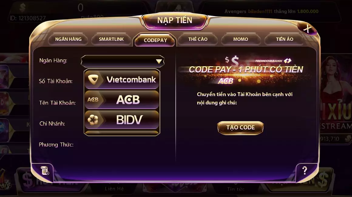 Code Pay - một phương thức hỗ trợ người dùng nạp tiền nhanh